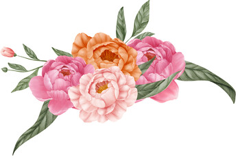 Pink peony flower watercolor arrangement on isolated background