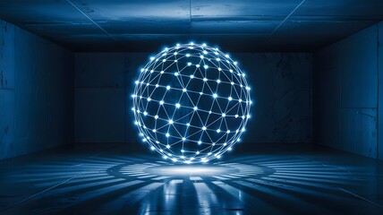 Abstract glowing digital sphere of interconnected nodes and lines in a dark futuristic room