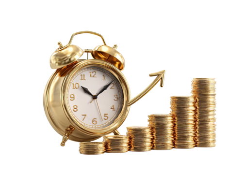 Golden clock with coin steps showing growth