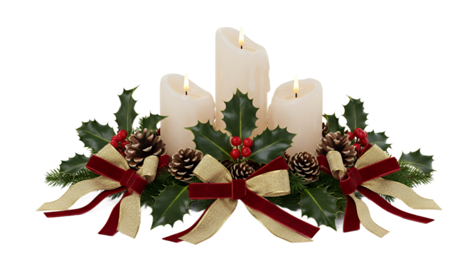 Elegant Christmas centerpiece with glowing candles, holly, and festive ribbons perfect for holiday decor and seasonal celebrations