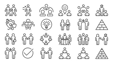 Fototapeta premium Outline icons of people, teamwork, collaboration, business, organization, communication, social networks, human interaction, group dynamics, and leadership concepts.