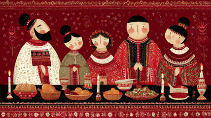 Traditional Orthodox Christmas family feast illustration with ornate Slavic embroidery patterns and warm candlelit winter holiday atmosphere for seasonal presentations.