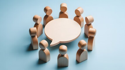 Wooden figures gathered in a circle around a blank speech bubble representing communication and discussion