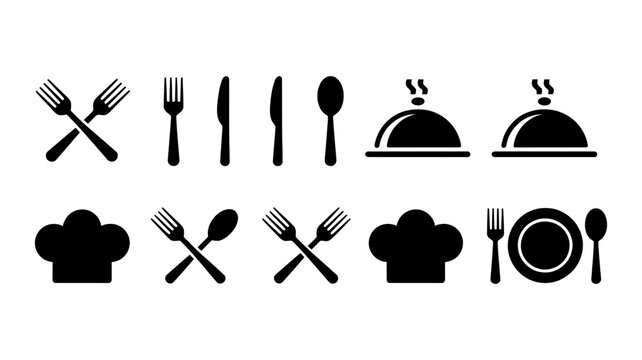 Collection of black silhouette icons representing kitchen utensils, chef hats, and dining elements, ideal for restaurant menus and food service branding