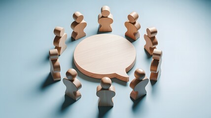 Wooden figures gathered in a circle around a blank speech bubble symbolizing communication and discussion