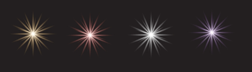 Fototapeta premium Four starbursts with varying colours against a dark background in a horizontal arrangement