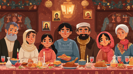 Traditional Orthodox Christmas family feast illustration with ornate Slavic embroidery patterns and warm candlelit winter holiday atmosphere for seasonal presentations.