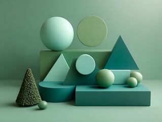 Flatlay of matte accessories on green 3D geometric paper sculpture