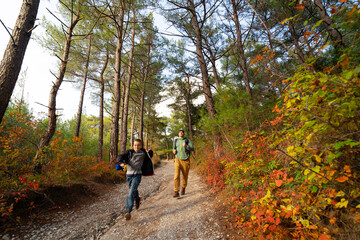 Happy father and son running on country road in autumn forest. The sunny day, tall pine trees, and yellowed leaves on the sides of the road create an atmosphere of active recreation
