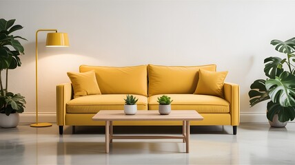 Modern living room with bright yellow sofa minimalist coffee table and lush green houseplants