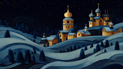 Peaceful Orthodox Christmas night village with glowing golden domes and swirling starry winter sky, creating an enchanting festive spiritual atmosphere for seasonal presentations.
