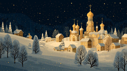Peaceful Orthodox Christmas night village with glowing golden domes and swirling starry winter sky, creating an enchanting festive spiritual atmosphere for seasonal presentations.