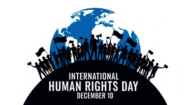 Silhouette Crowd Protesting with Flags in Front of Blue Globe for Human Rights Day