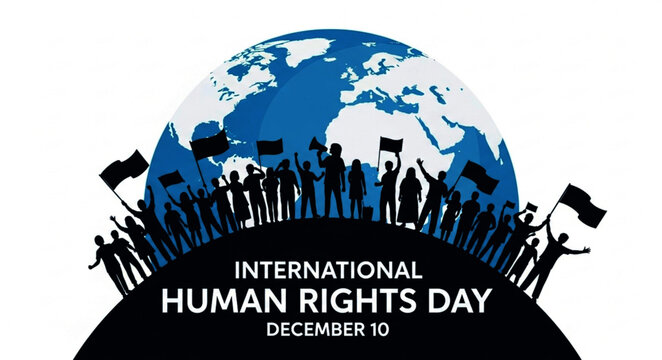 International Human Rights Day: Silhouetted Crowd with Flags and Globe Illustration