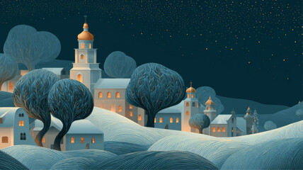 Peaceful Orthodox Christmas night village with glowing golden domes and swirling starry winter sky, creating an enchanting festive spiritual atmosphere for seasonal presentations.