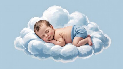 Adorable sleeping newborn baby boy resting peacefully on soft fluffy white clouds in a serene blue sky