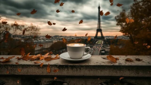 A cup of cappuccino on a Parisian balcony, overlooking the Eiffel Tower on a fall day.