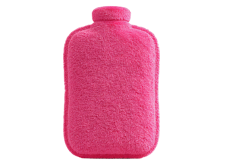 Pink fuzzy hot water bottle against a dark background