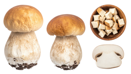 Mushrooms two whole, one sliced, bread cubes. Plain background