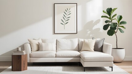 Modern living room with a comfortable sectional sofa and a large potted plant
