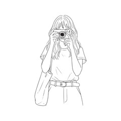 Minimalist line art drawing of a girl taking a photo. Young woman photographer with long hair holding a camera. Simple vector illustration for wall art, t-shirt print, or social media post.

