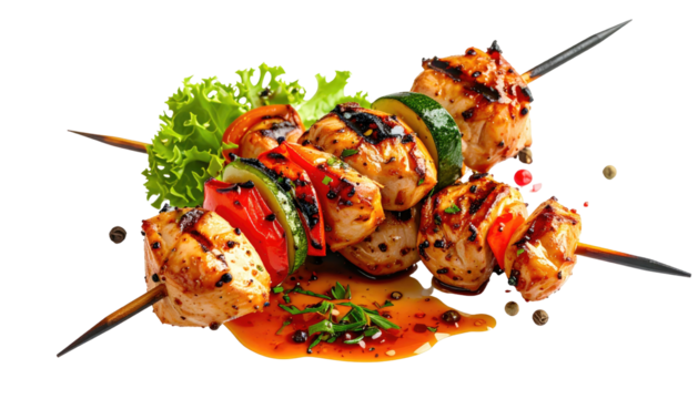 Grilled kebabs with vegetables and herb garnish against black