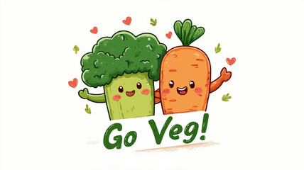 Cheerful Vegan-Themed Vector Illustration of Cute Broccoli and Carrot Characters Holding Go-Veg Signs to Promote Veganuary Awareness.