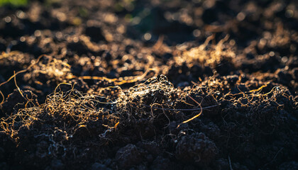 Close-Up Soil Texture with Fine Roots and Organic Fibers in Natural Light, soil health concept