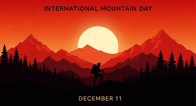 Silhouette of a Hiker with Backpack Against a Mountain Landscape at Sunset