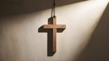 Simple wooden cross hanging on a textured wall illuminated by a dramatic beam of light