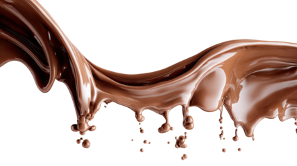 Rich melted chocolate dripping smoothly in luscious streams with glossy texture and decadent appearance isolated on white background