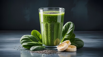 Refreshing green smoothie with spinach and banana on a dark textured background
