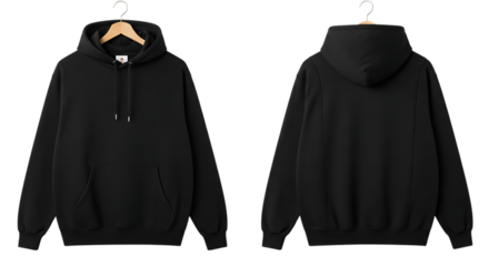 Front and back view of a black hoodie isolated on transparent background for mockup