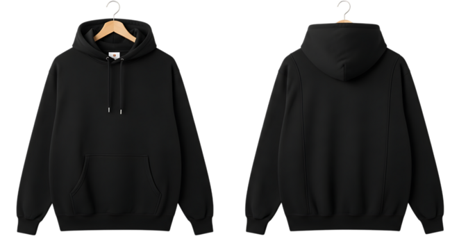 Front and back view of a black hoodie isolated on transparent background for mockup