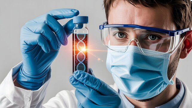 Scientist in protective gear examines vial containing dna helix in laboratory setting