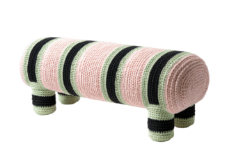 Striped, crocheted bench with short legs on black ground