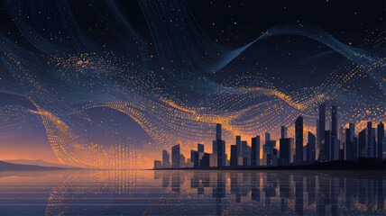 Futuristic night cityscape with glowing Braille-inspired dotted light waves symbolizing accessibility, inclusive communication, and modern disability awareness themes.