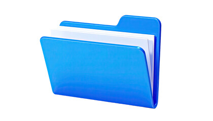 Glossy, blue folder bulging with white paper against black