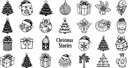 Hand-drawn Christmas illustrations set. Black and white doodle collection of festive elements including decorated trees, gift boxes, ornaments, Santa hats, and winter symbols for holiday designs.