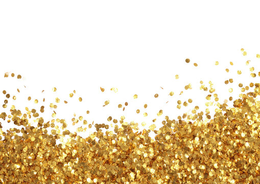 Golden glitter cascading on black backdrop, bright & shiny