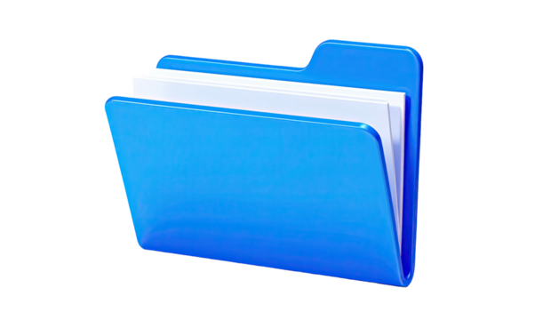 Glossy, blue folder bulging with white paper against black