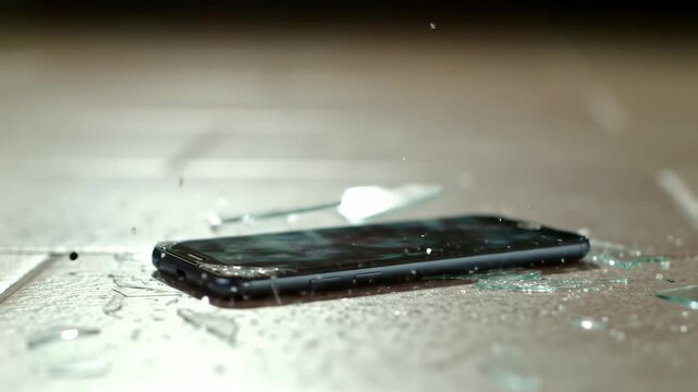 Smartphone crashing to ground with breaking screen in slow motion. accident, broken technology, device damage