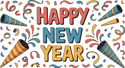 Festive happy new year illustration with colorful party elements and celebratory graphics