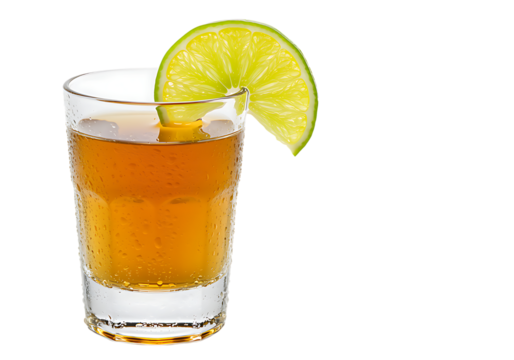 A vibrant shot glass filled with amber liquid and a lime slice on transparent background. - Powered by Adobe