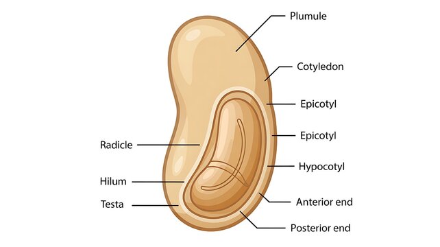 Anatomical illustration of a bean seed with labeled parts radicle, plumule, cotyledon, and more