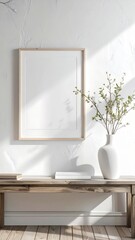 Fototapeta premium Vertical wooden frame mockup on white wall with vase and plant on a wooden bench.