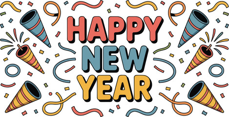 Festive happy new year illustration with vibrant party elements and colorful celebration graphics