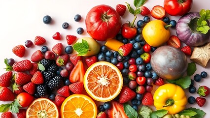 wellknown. A vibrant collection of fruits, berries, and vegetables arranged artistically from above. menu design, packaging mockups, designed for food delivery and cloud-kitchen brand materials.