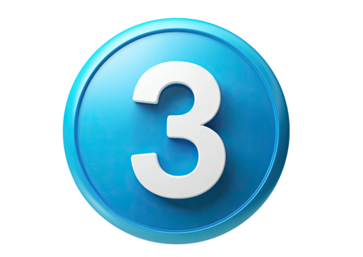Blue circle button with embossed white number three (3)