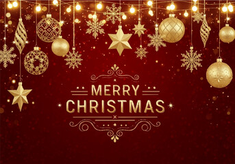 Festive Christmas greeting card with golden ornaments, stars, and sparkling lights against a rich red background.